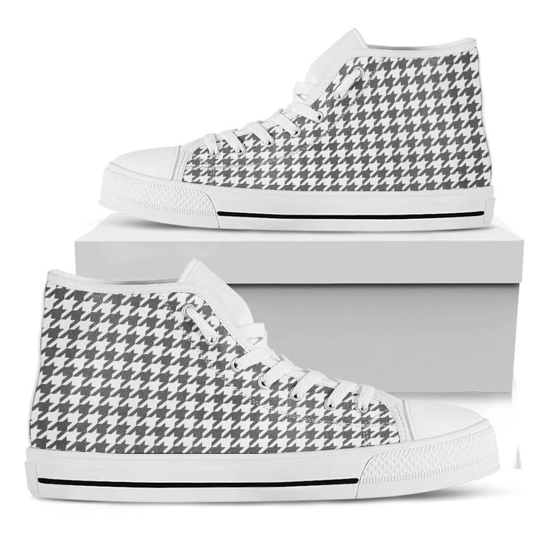 Grey And White Houndstooth Pattern Print White High Top Shoes