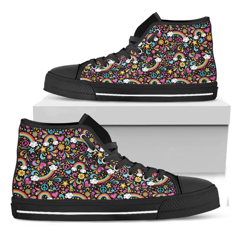 Groovy Hippie Peace Pattern Print Black High Top Shoes