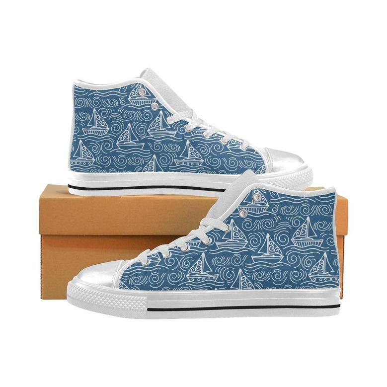 Hand drawn sailboat pattern Women's High Top Shoes White