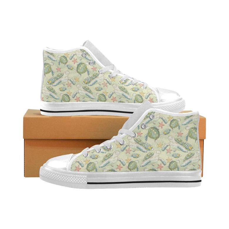 Hand drawn sea turtle fish pattern Men's High Top Shoes White