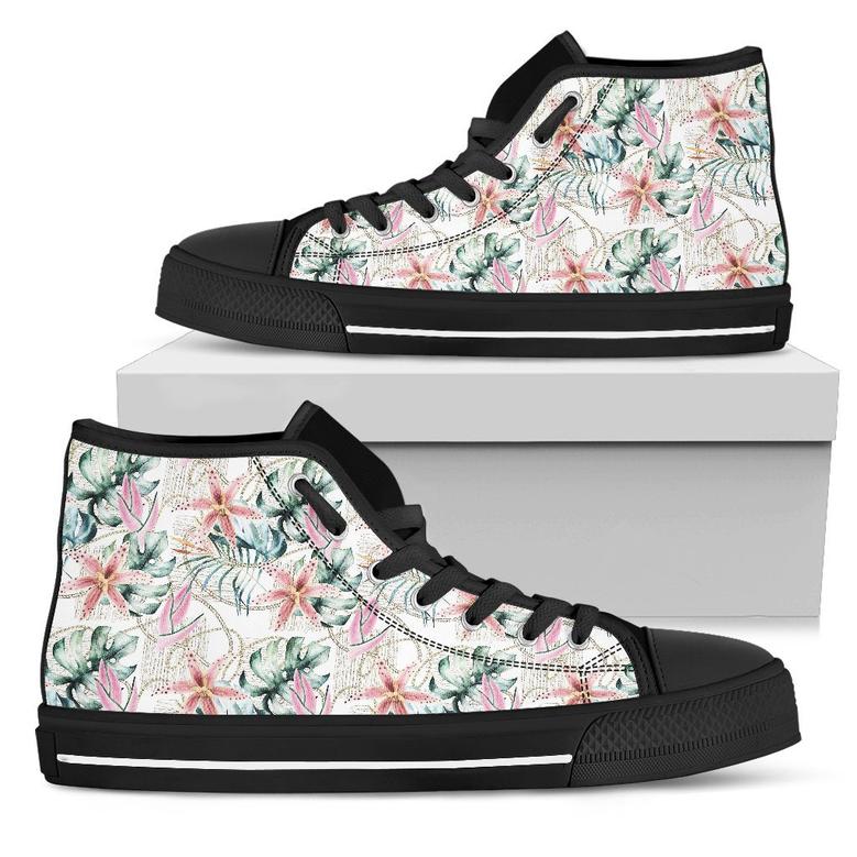 Hawaiian Shoes - Tropical Pattern With Orchids, Leaves And Gold Chains. High Top Shoes
