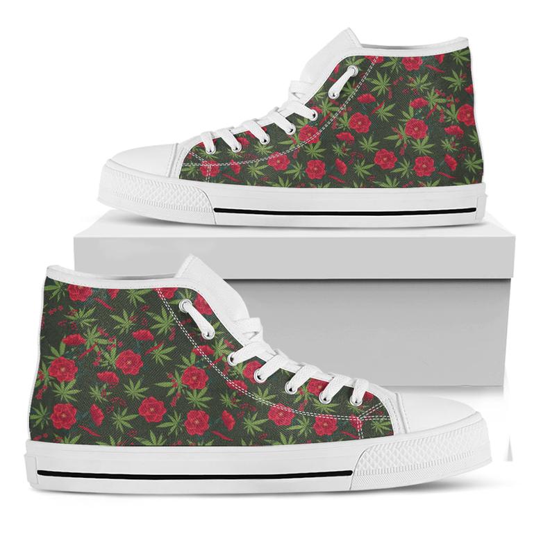 Hemp Leaves And Flowers Pattern Print White High Top Shoes