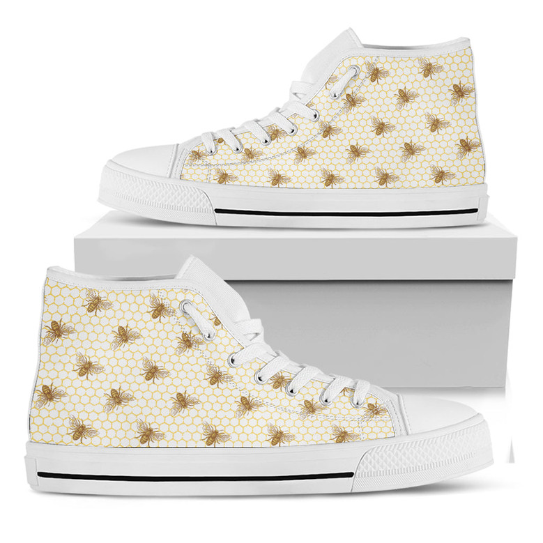 Honey Bee Hive Pattern Print White High Top Shoes