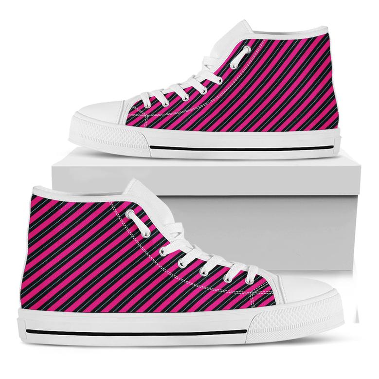 Hot Pink Black And Blue Stripes Print White High Top Shoes