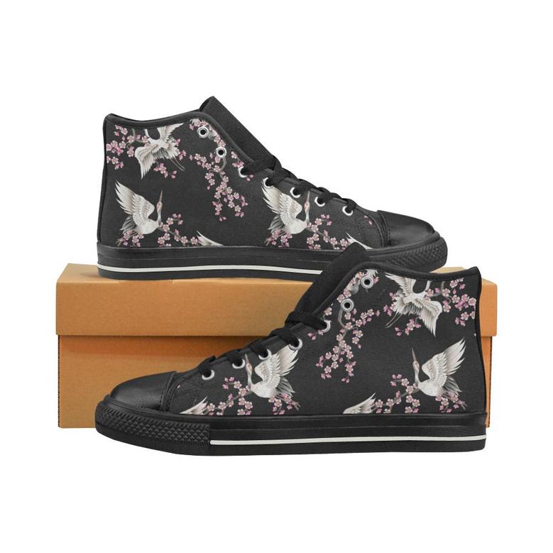 Japanese crane pink sakura pattern Men's High Top Shoes Black