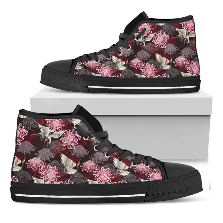 Japanese Cranes And Chrysanthemums Print Black High Top Shoes