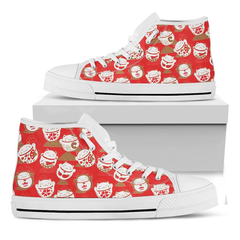 Japanese Lucky Cat Pattern Print White High Top Shoes