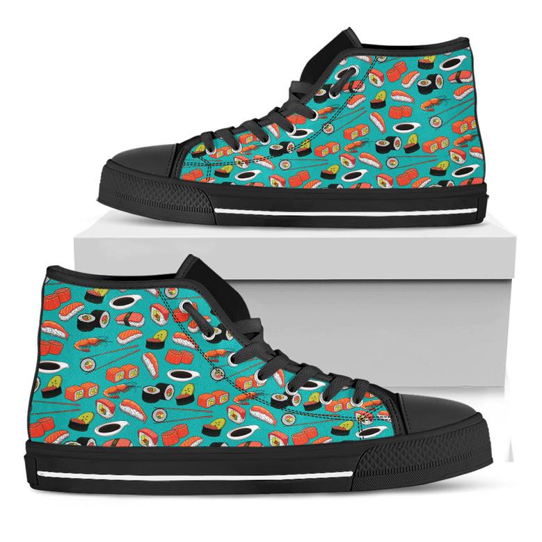 Japanese Sushi And Rolls Pattern Print Black High Top Shoes