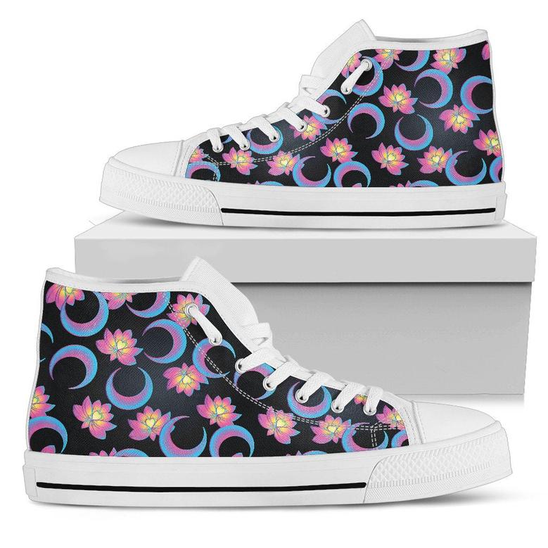 Lotus With Moon Pink Print Themed Women High Top Shoes