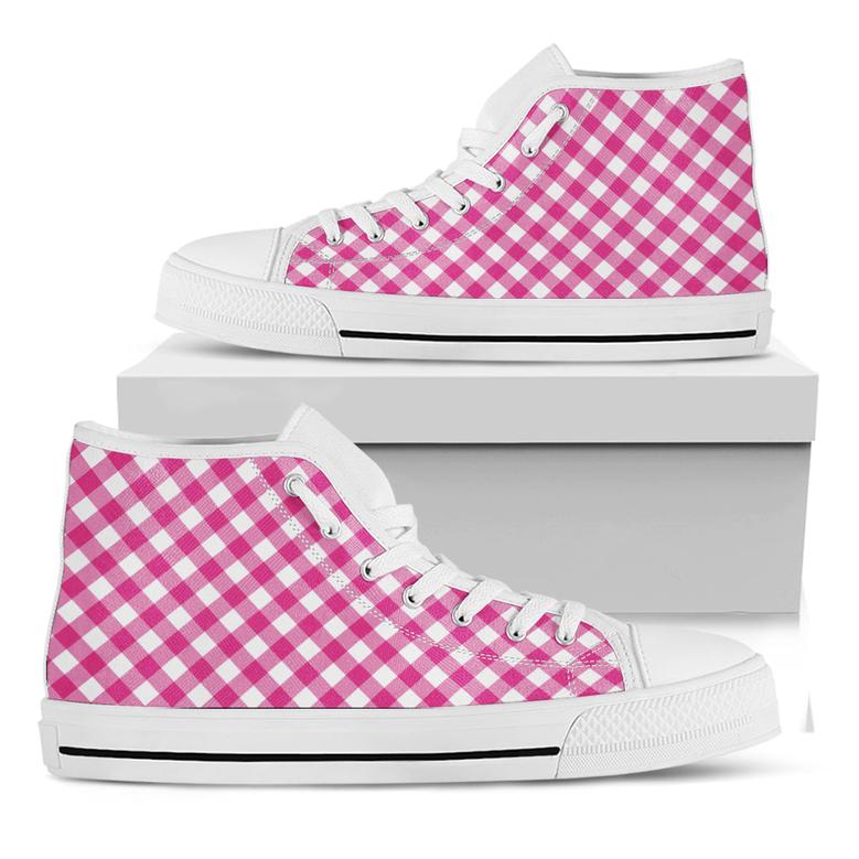 Magenta Pink And White Gingham Print White High Top Shoes