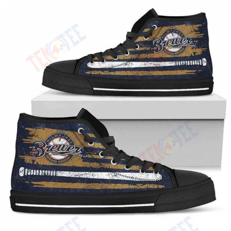 Mens Womens American Flag Vintage Baseball Milwaukee Brewers High Top Shoes