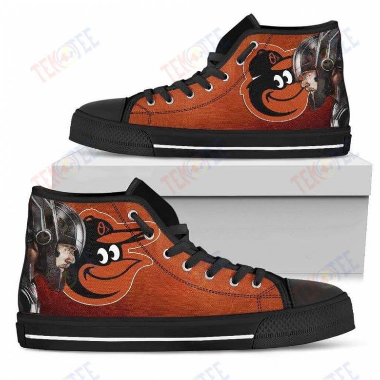 Mens Womens Baltimore Orioles High Top Shoes Thor Head Beside Shoes