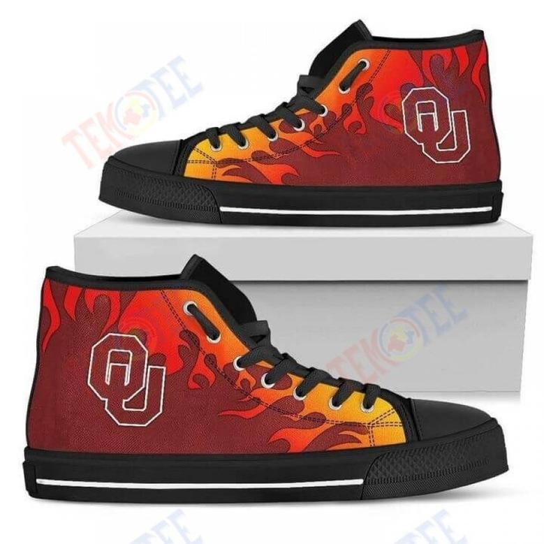 Mens Womens Fire Burning Fierce Strong Logo Oklahoma Sooners High Top Shoes