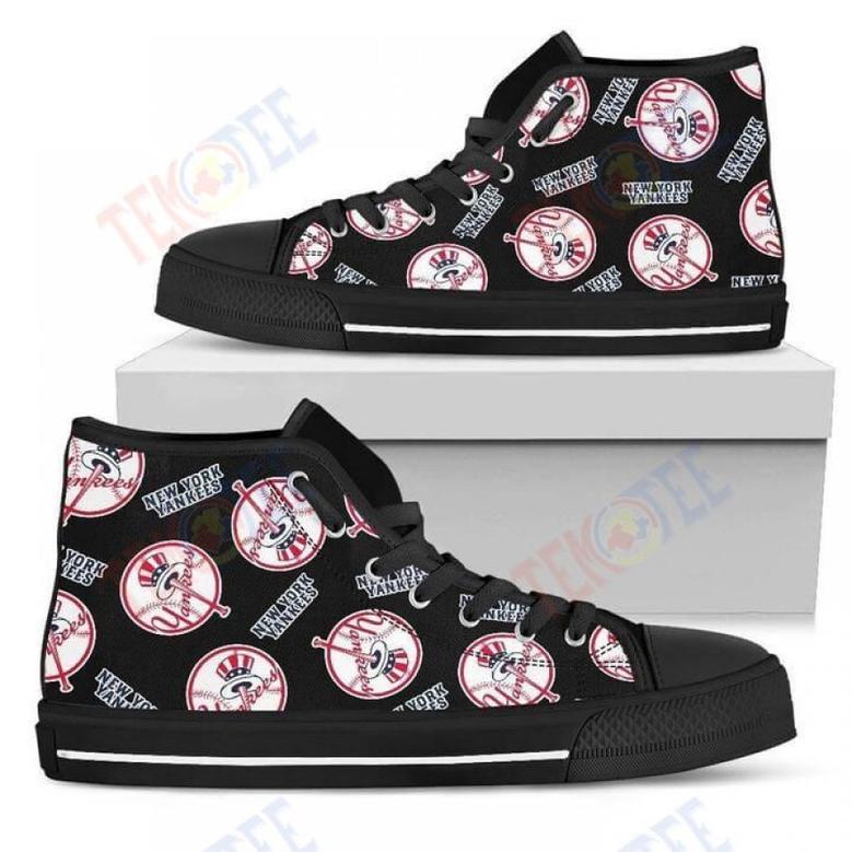 Mens Womens Script Logo Pattern New York Yankees High Top Shoes