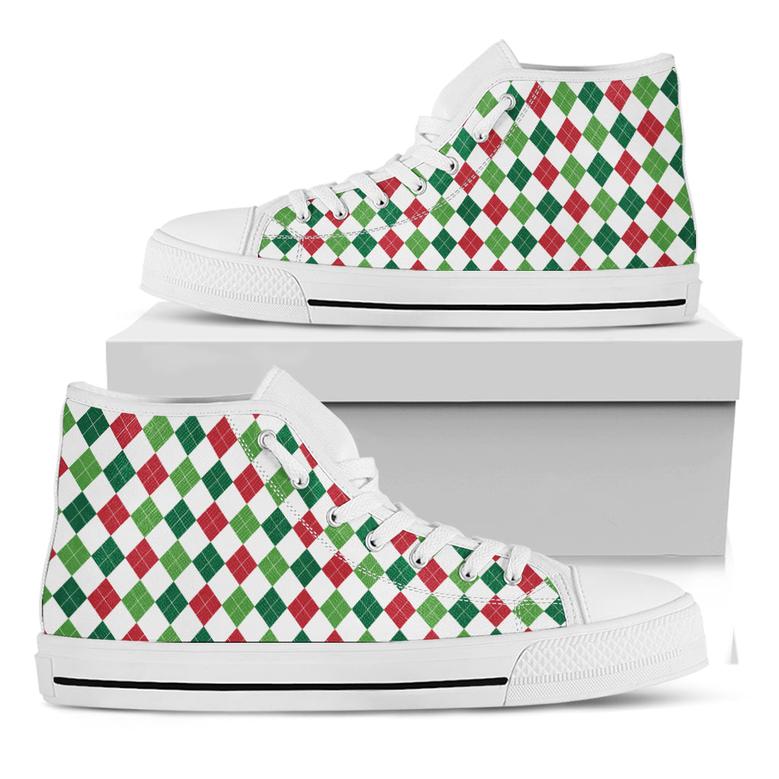 Merry Christmas Argyle Pattern Print White High Top Shoes