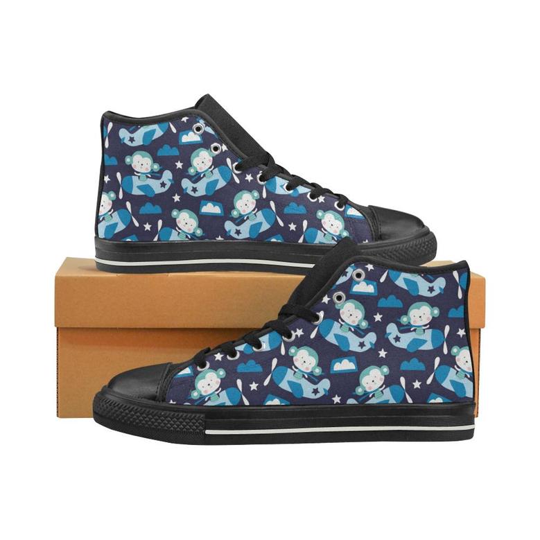 Monkey in Airplane Pattern Men's High Top Shoes Black