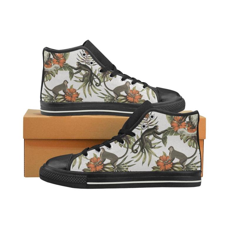 Monkey red hibiscus flower palm leaves floral patt Women's High Top Shoes Black