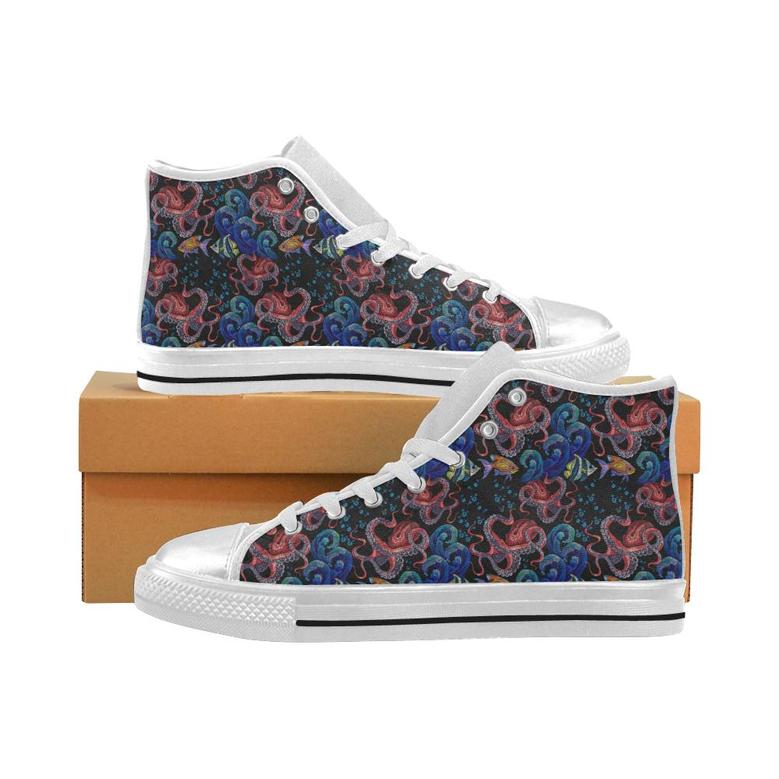 Octopus sea wave tropical fishe pattern Women's High Top Shoes White