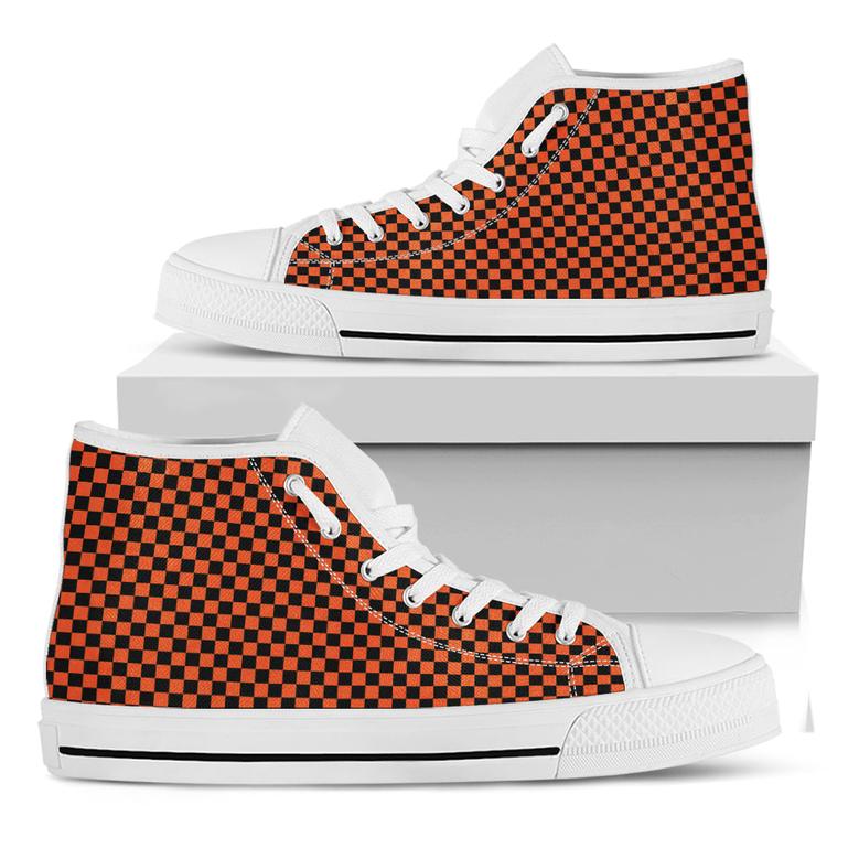 Orange And Black Checkered Pattern Print White High Top Shoes