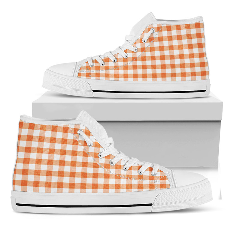 Orange And White Gingham Pattern Print White High Top Shoes