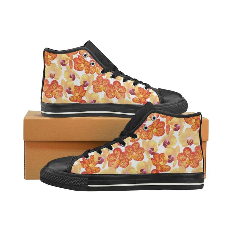 Orange yellow orchid flower pattern background Women's High Top Shoes Black