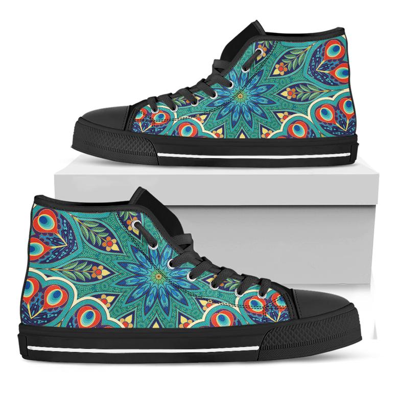 Peacock Feather Floral Pattern Print Black High Top Shoes