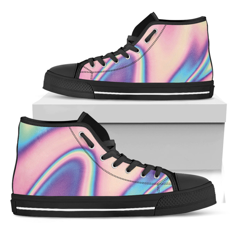 Pink And Teal Holographic Print Black High Top Shoes Monsterry