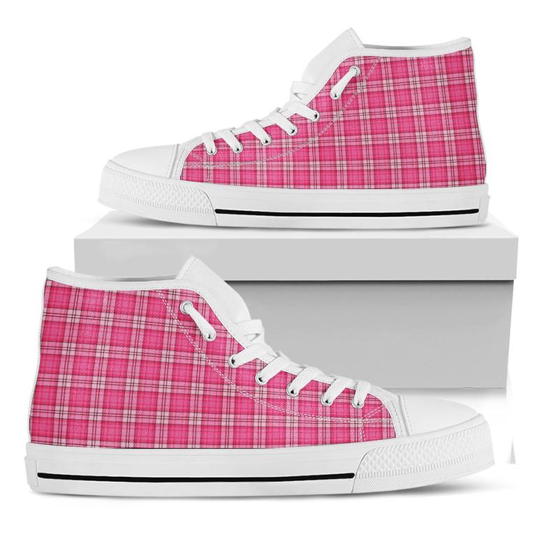 Pink And White Tartan Pattern Print White High Top Shoes