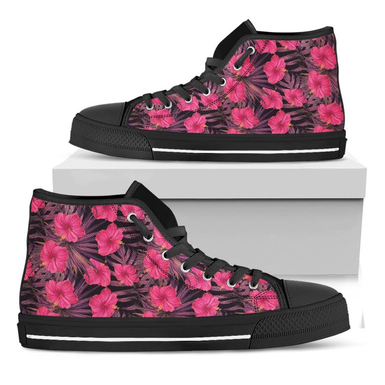 Pink Hawaiian Hibiscus Pattern Print Black High Top Shoes