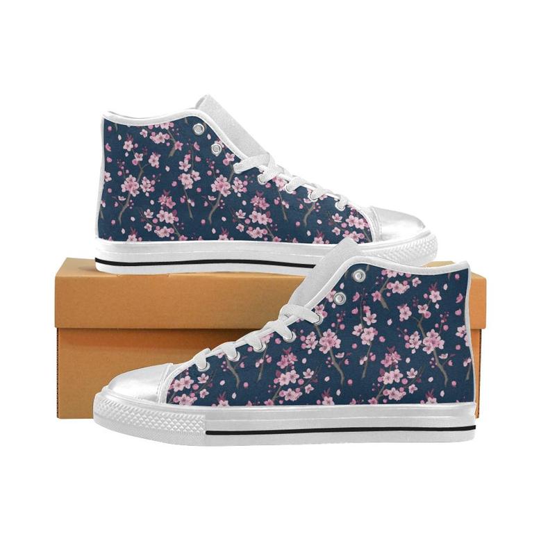 Pink sakura cherry blossom blue background Women's High Top Shoes White
