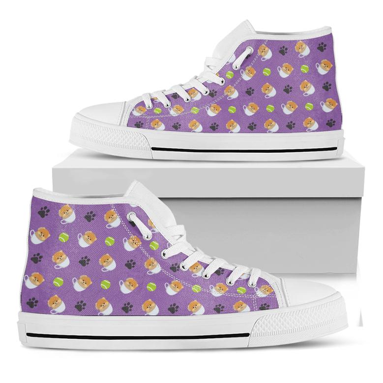 Pomeranian In Tea Cup Pattern Print White High Top Shoes