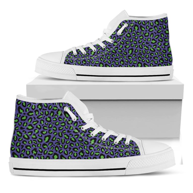 Purple And Green Leopard Pattern Print White High Top Shoes