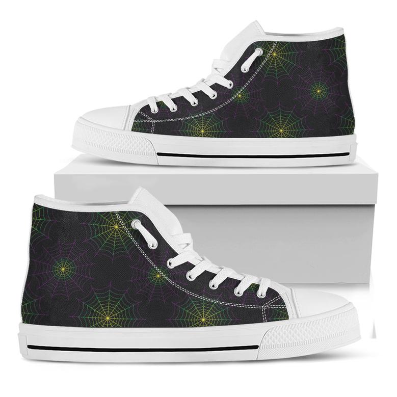 Purple And Green Spider Web Print White High Top Shoes