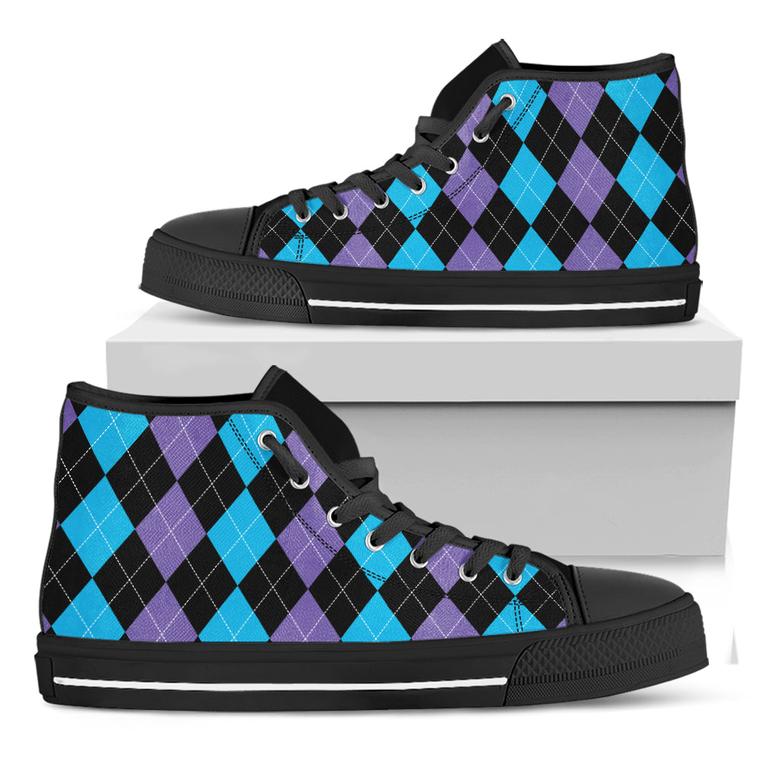 Purple Black And Blue Argyle Print Black High Top Shoes