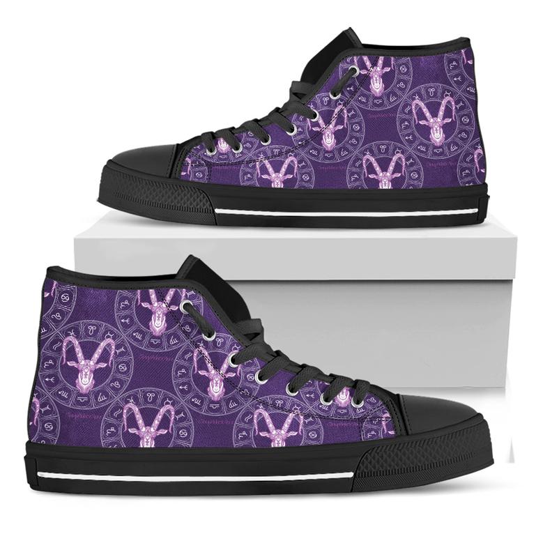 Purple Capricorn Zodiac Pattern Print Black High Top Shoes