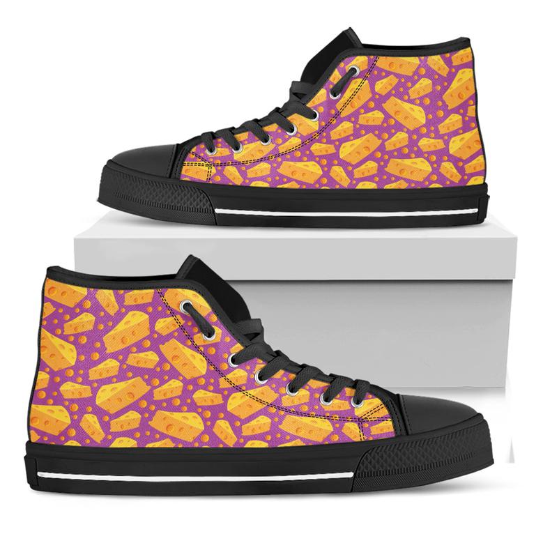 Purple Cheese And Holes Pattern Print Black High Top Shoes