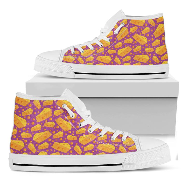 Purple Cheese And Holes Pattern Print White High Top Shoes