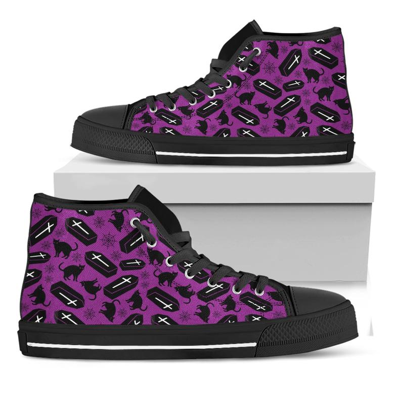 Purple Halloween Coffin Pattern Print Black High Top Shoes