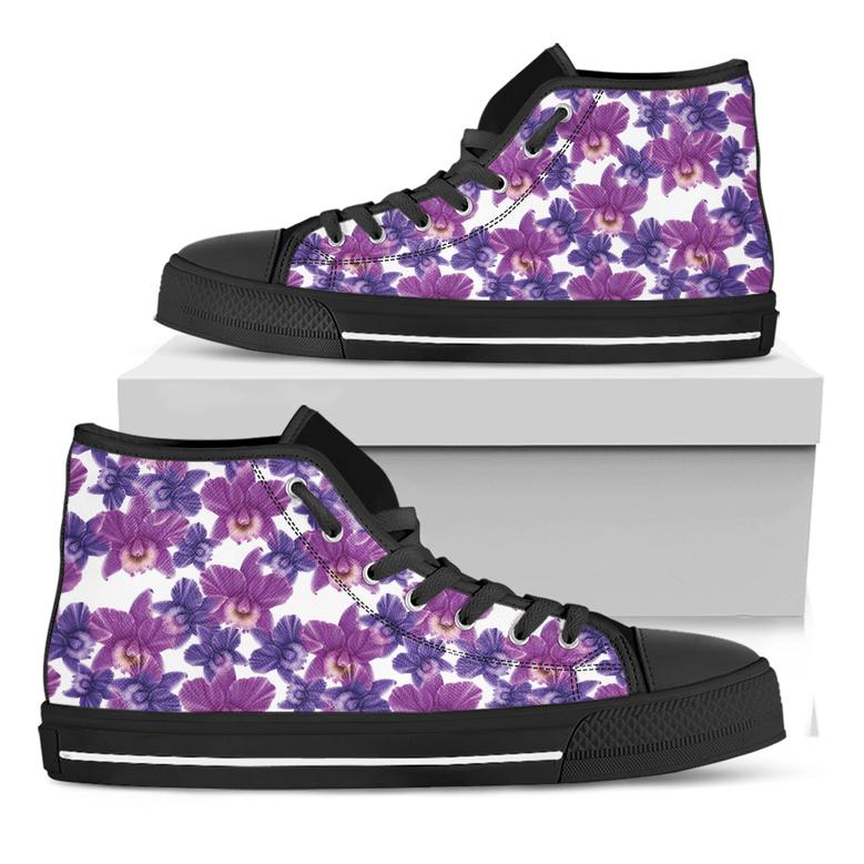Purple Orchid Flower Pattern Print Black High Top Shoes