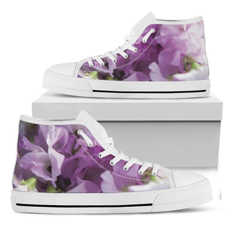 Purple Sweet Pea Print White High Top Shoes
