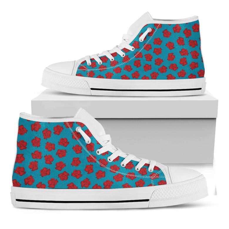 Red And Blue Carnation Pattern Print White High Top Shoes