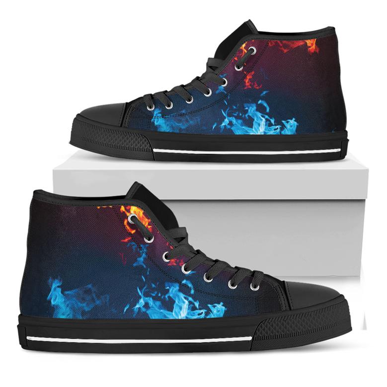 Red And Blue Fire Print Black High Top Shoes