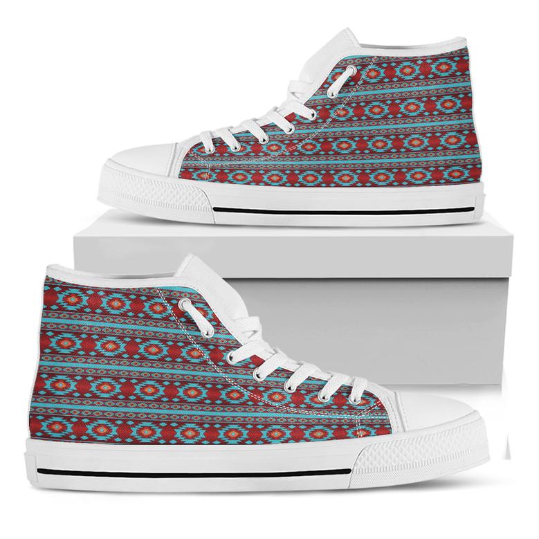 Red And Teal Southwestern Pattern Print White High Top Shoes