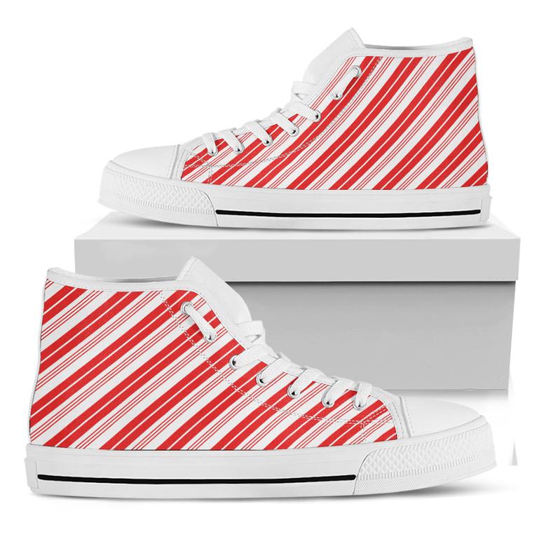 Red And White Candy Cane Stripe Print White High Top Shoes
