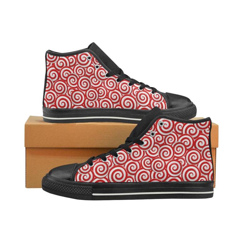 Red and White Candy Spiral Lollipops Pattern Men's High Top Shoes Black