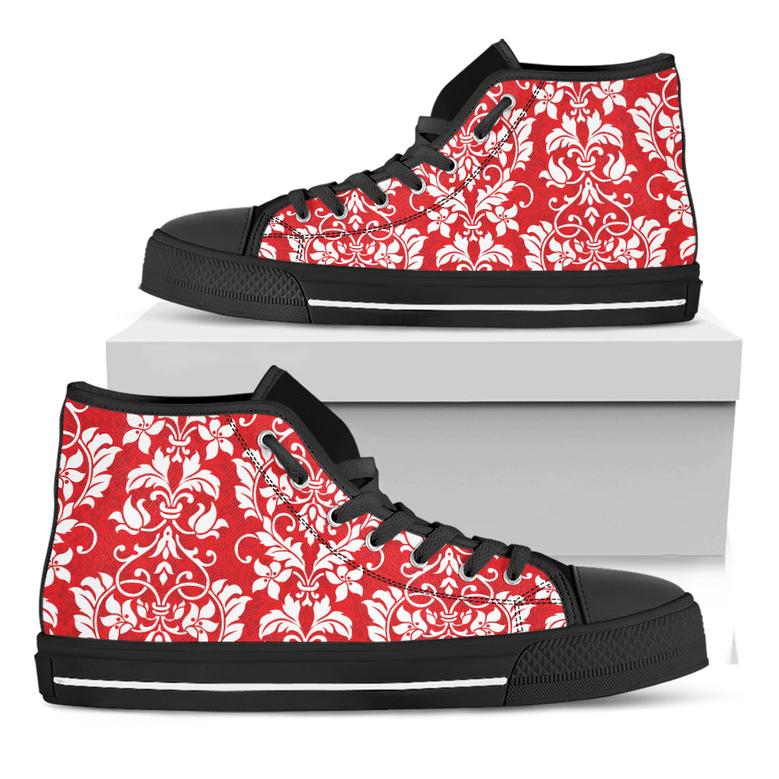 Red And White Damask Pattern Print Black High Top Shoes