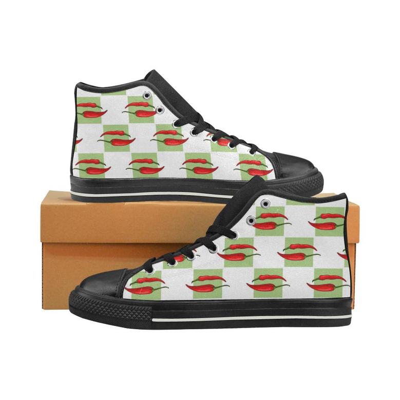 Red Chili Pattern Green White background Men's High Top Shoes Black