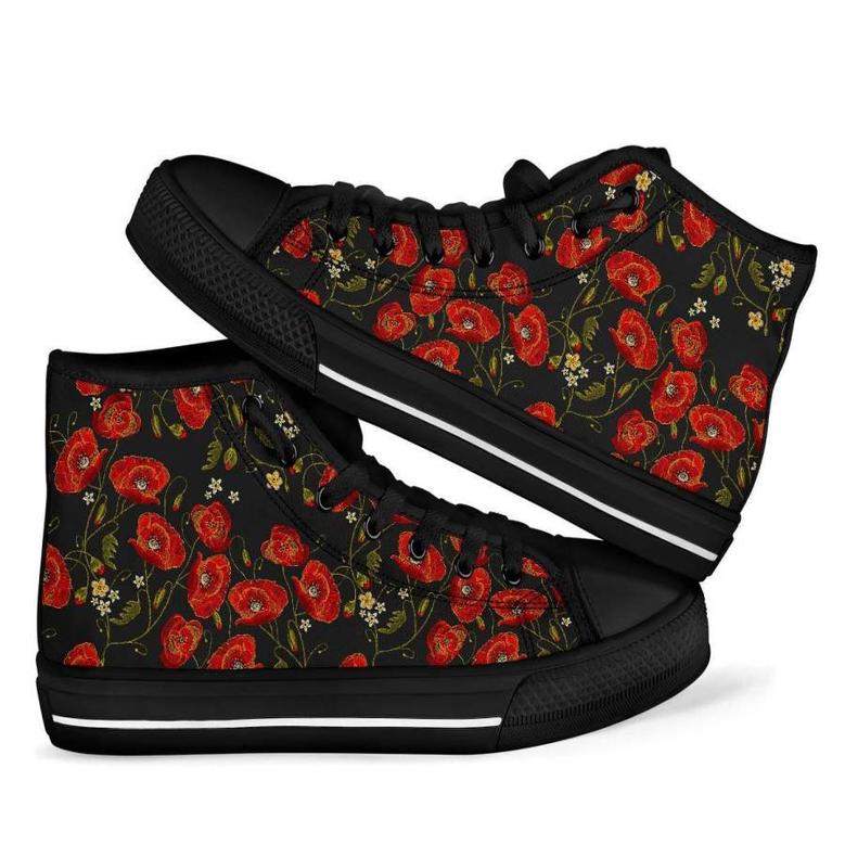 Red Floral Poppy Men Women's High Top Shoes