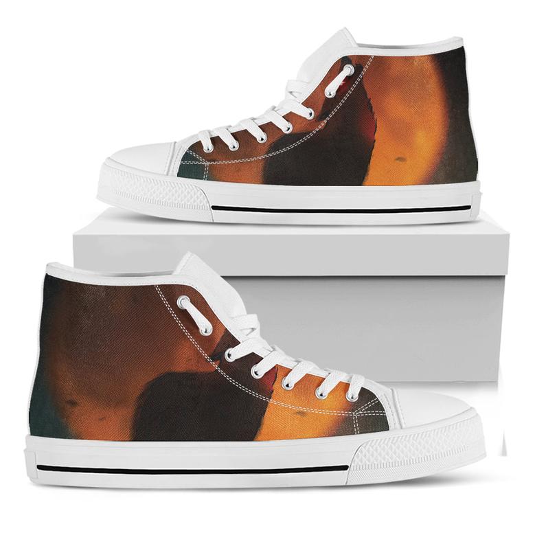 Red Moon Howling Wolf Print White High Top Shoes