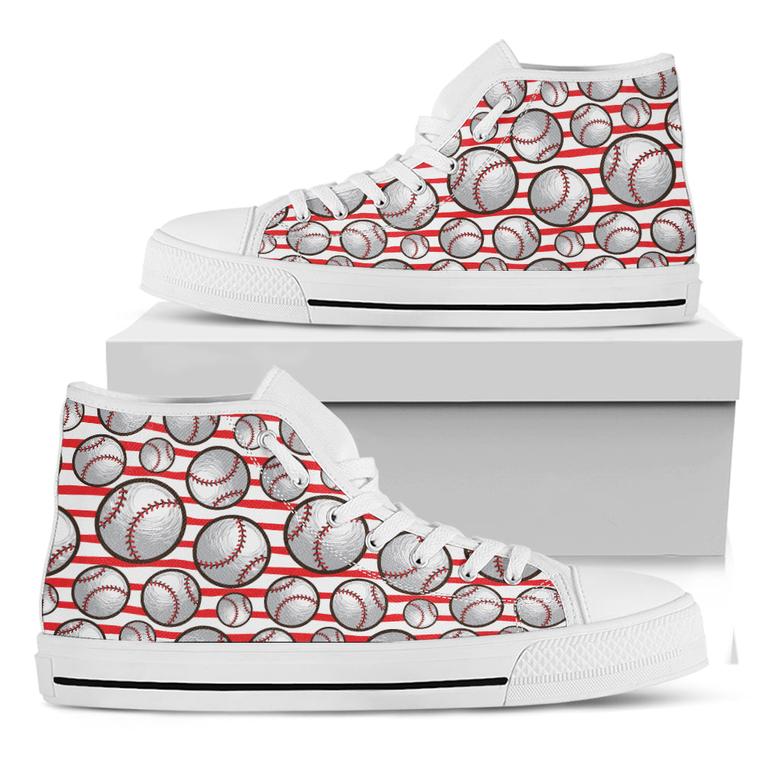 Red Striped Baseball Pattern Print White High Top Shoes